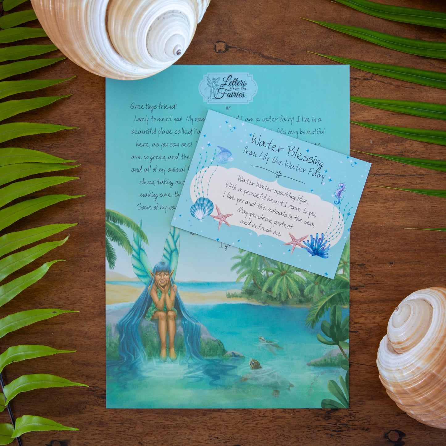 Personalised water fairy letter and fairy blessing card, styled with seashells – fairy letter subscription for kids from Letters From The Fairies