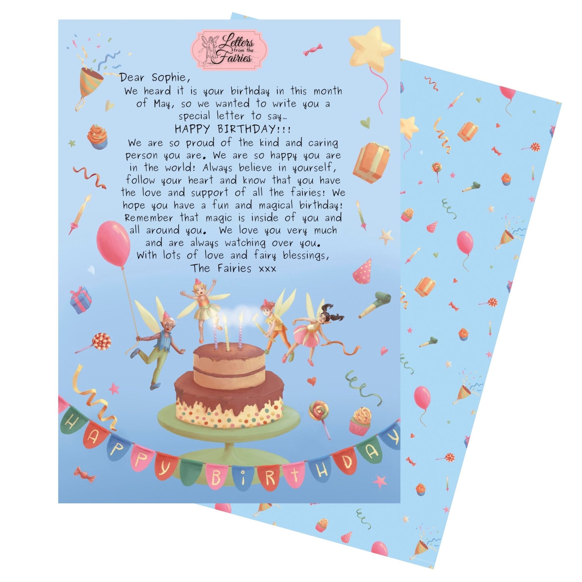 Personalised birthday fairy letter in blue – magical message for kids